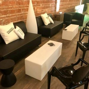 Black-leather-couches-LED benches-black-ghost-chairs