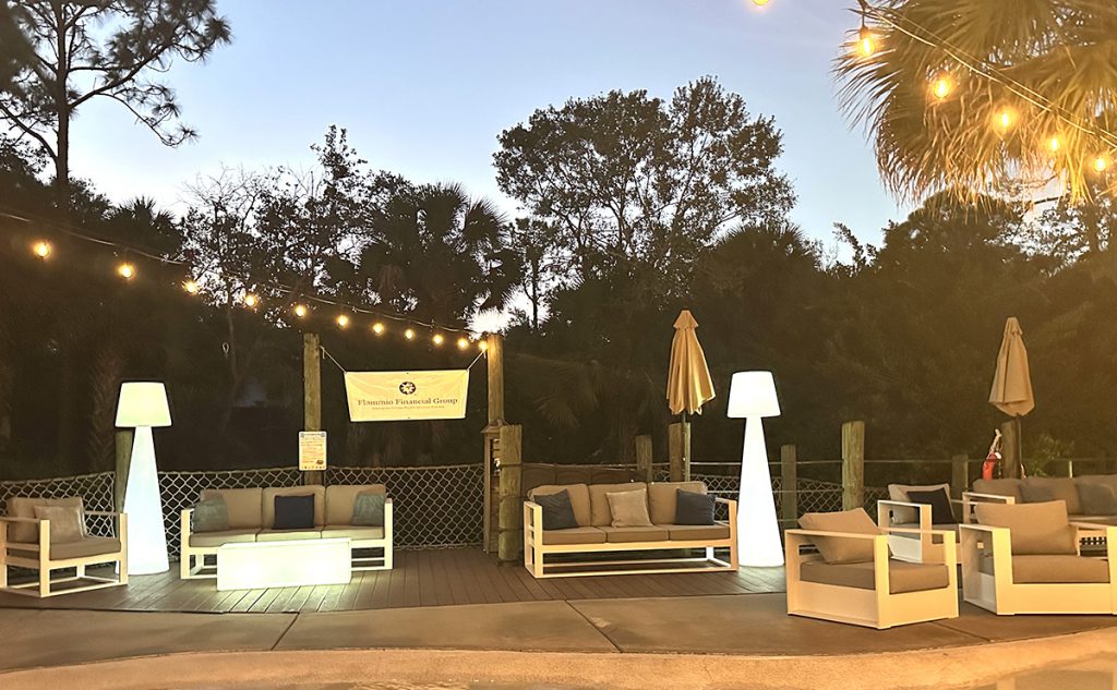 White aluminum frame lounge furniture rental setup in Sarasota, Florida.